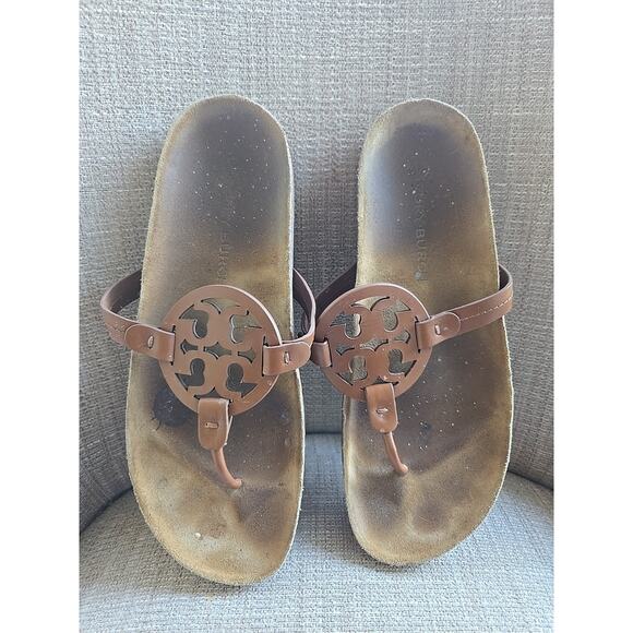 TORY BURCH Miller Cloud Calf Leather-Cork Classic CUOIO Sandals Size US 10M - Picture 1 of 6